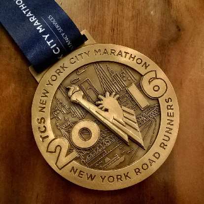 The finishers' race medal for the 2016 New York City Marathon.