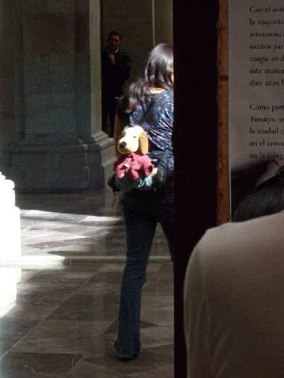 A doggie backpack worn by a patron of the museum in the Z