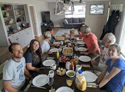 Alex, Maggie, Joan, Shelly, Soren, Anne, Bill, and Jill at breakfast in Seaside.