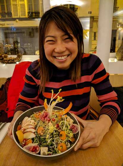 Angie with a salad at Le Potager de Charlotte, a highly rated vegan restaurant in Paris. (21 Mar 2019) Photo: Angie with a salad at Le Potager de Charlotte, a highly rated vegan restaurant in Paris.