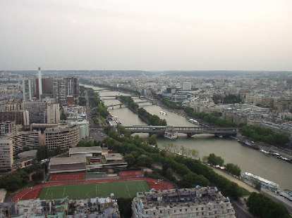The southwestern view of the Seine from the Eiffel Tower.