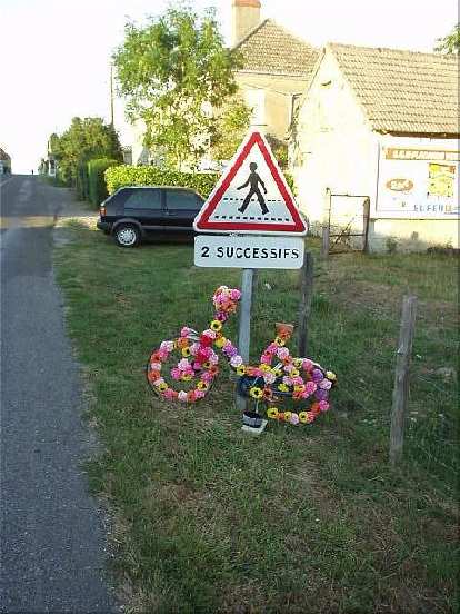 [KM 1070, 70:06 elapsed, 8:06 p.m.] I saw many displays like this... bicycles covered with flowers in support of the PBP riders.