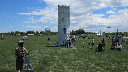 Portable climbing wall at Outdoor Day at nearby Cottonwood Park.