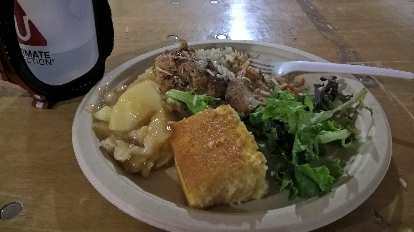 A tasty dinner of apple strudel, cornbread, salad, wild rice and roasted chicken at 2016 Ragnar Trail Angelfire.