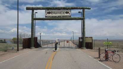 Entrance to the Platte River Power Authority's Rawhide Energy Station. This was Mile 69.5 of the Rawhide Ramble 200km Brevet. Photo: Entrance to the Platte River Power Authority's Rawhide Energy Station, red bicycle