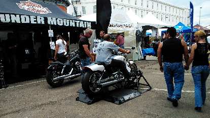 One could test ride a motorcycle on this motorcycle treadmill. Photo: One could test ride a motorcycle on this motorcycle treadmill.