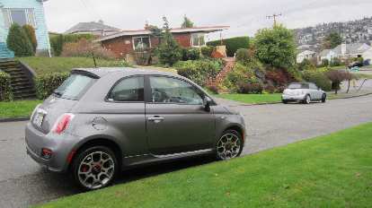 My Fiat 500 rental car in the Magnolia district of Seattle.