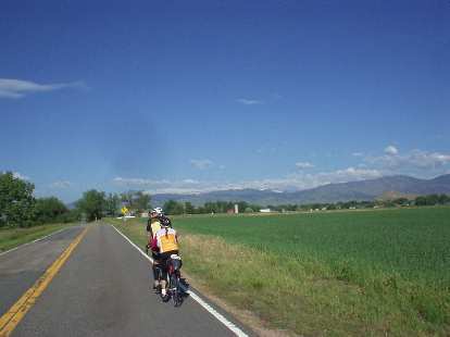 [Mile 64, 8:27 a.m.] Following Brent and Beth on their tandem towards the Rocky Mountains near Niwot.