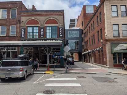 A mix of modern an old buildings on Market Street in Roanoke, Virginia.