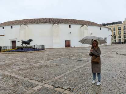 Andrea in front of the bullfighting ring in Ronda.