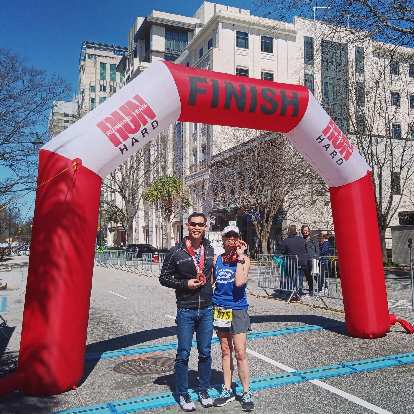Felix Wong and Mel Sirois at the finish of the 2020 Run Hard Columbia Marathon. Felix Wong and Mel Sirois at the finish of the 2020 Run Hard Columbia Marathon.