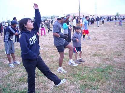 Stacey doing Indian aerobics before the race.