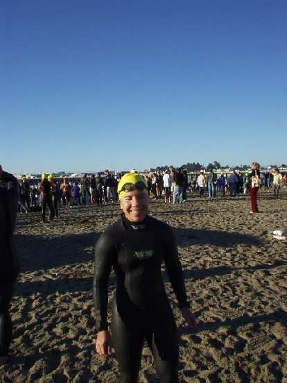 My own season being over, I went up to cheer Lisa and Sharon on in the Santa Cruz Sentinel Triathlon (olympic distance).  Here's Sharon after testing out the water.  "My face was really cold!" she reported.