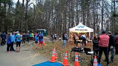 The start area of the 2016 Seneca Creek Greenway Trail Marathon. start area, 2016 Seneca Creek Greenway Trail Marathon