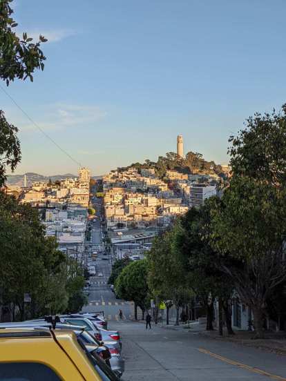 The view down Lombard Street towards Coit Tower and Telegraph Hill.