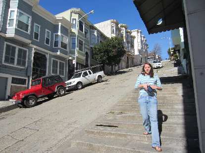 Kelly walking down Kearney Street which was so steep it had steps for pedestrians. Kelly walking down Kearney Street which was so steep it had steps for pedestrians.