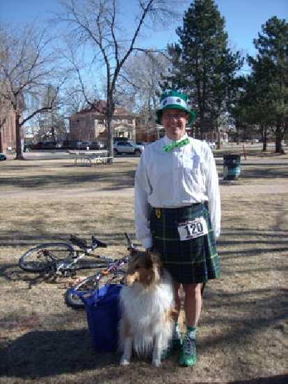 Scott (whose kilt was appropriate for this Irish tradition) and dog after the race.