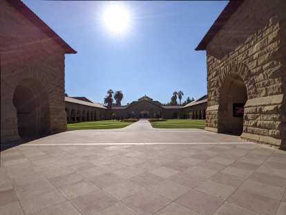 The view towards Memorial Church through the Quad at Stanford University.