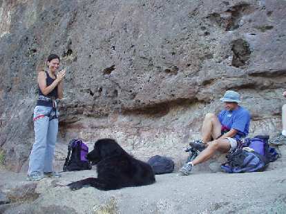 Bethany, Tika the dog, and Hunza get all set to climb. Bethany, Tika the dog, and Hunza get all set to climb.