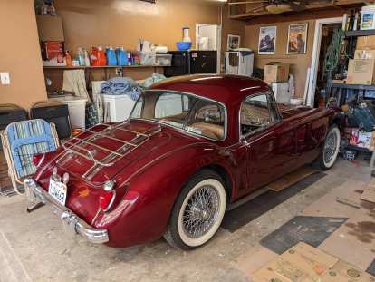 Dan Shockey's merlot-colored MGA, which he installed some aftermarket front fender vents for enhanced cooling.