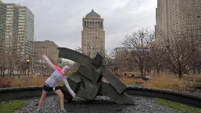 Image: Maureen, yoga pose, statue, Citygarden