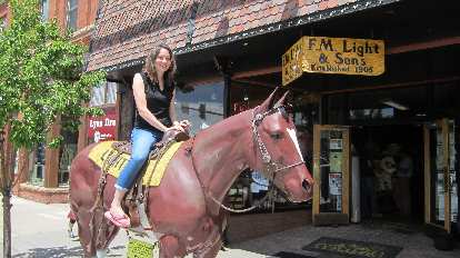 Maureen on a horse, downtown Steamboat Springs