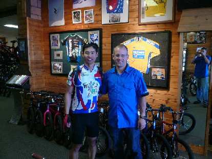 Day 8: In Butte, MT, I wandered into The Outdoorsman bicycle shop to pick up some tubes. I was promptly greeted by Rob, Levi Leipheimer's older brother. Day 8: In Butte, MT, I wandered into The Outdoorsman bicycle shop to pick up some tubes. I was promptly greeted by Rob, Levi Leipheimer's older brother.