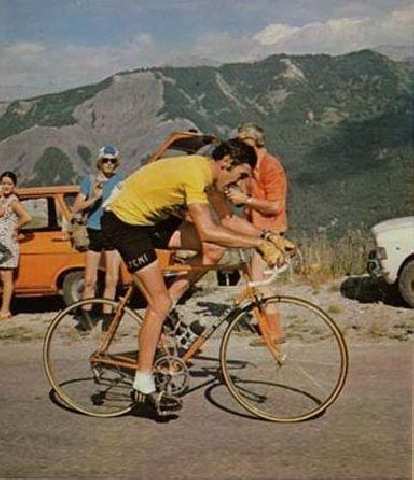 Eddy Merckx on his eponymous lugged steel bike in the 1974 Tour de France. Photo: CanalBlog.com. Eddy Merckx on his eponymous lugged steel bike in the 1974 Tour de France.