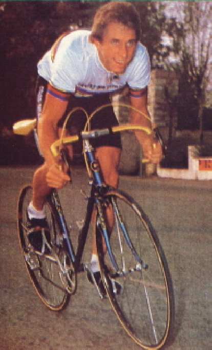 Greg LeMond wearing the world champion colors on his Gitane in 1983. He won his first Tour in 1986, but not on a Gitane. Photo: User airmailv2 on GregLemondFan.com. Greg LeMond wearing the world champion colors on his Gitane in 1983. He won his first Tour in 1986, but not on a Gitane.