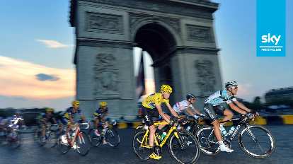 Chris Froome, winner of the 2013 Tour de France, on his yellow Pinarello Dogma 65.1 Think 2. Photo: Sky Pro Cycling. (21 Jul 2013) Chris Froome, winner of the 2013 Tour de France, on his yellow Pinarello Dogma 65.1 Think 2.