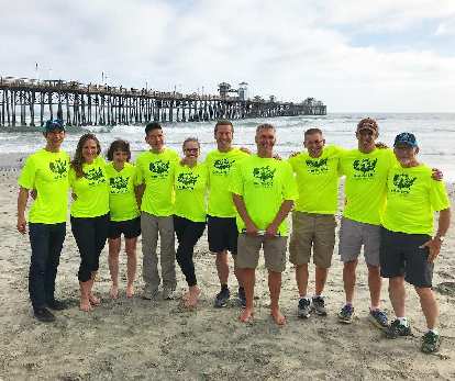 Team Sea to See riders and leadership on the beach in Oceanside, California: Felix Wong, Pamela Ferguson, Tina Ament, Jack Chen, Caroline Gaynor, Charles Scott, Dan Berlin, Chris Howard, Kyle Coon, and Steve O'Leary. (27 Jun 2018) Team Sea to See riders and leadership on the beach in Oceanside, California: Felix Wong, Pamela Ferguson, Tina Ament, Jack Chen, Caroline Gaynor, Charles Scott, Dan Berlin, Chris Howard, Kyle Coon, and Steve O'Leary.