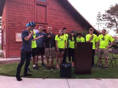 Felix Wong, crew chief, introducing the cyclists of Team Sea to See: Mark Woodward (backup stoker), Charles Scott, Dan Berlin, Pamela Ferguson, Jack Chen, Caroline Gaynor, Tina Ament, Kyle Coon, and Chris Howard. (14 Jun 2018) Felix Wong, crew chief, introducing the cyclists of Team Sea to See: Mark Woodward (backup stoker), Charles Scott, Dan Berlin, Pamela Ferguson, Jack Chen, Caroline Gaynor, Tina Ament, Kyle Coon, and Chris Howard.