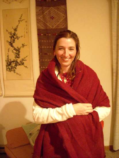 Tori and Dana's Tibeten blanket to keep her warm after our post-dinner walk.