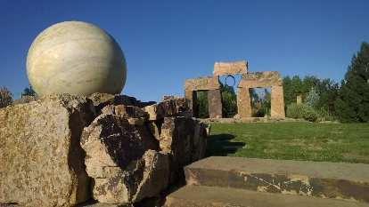 Sphere and Stonehenge-like rocks at The Rock Garden.