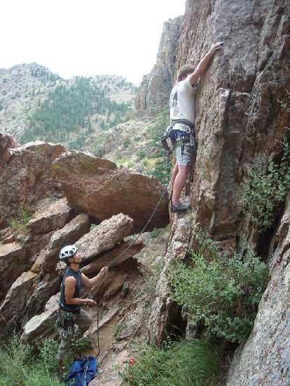 Derek leading The Scepter (5.10a) with Felix Wong belaying.
