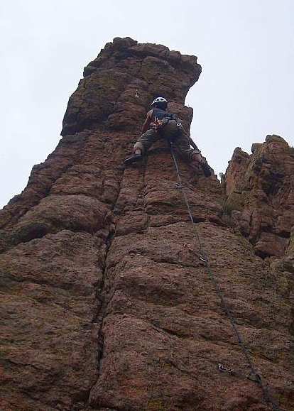 Felix Wong going up The Scepter (5.10a) on sport lead.