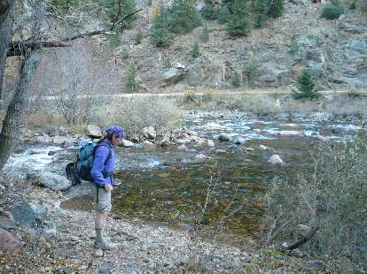 Tori getting ready to cross back over the Poudre River to where we were parked. Tori getting ready to cross back over the Poudre River to where we were parked.