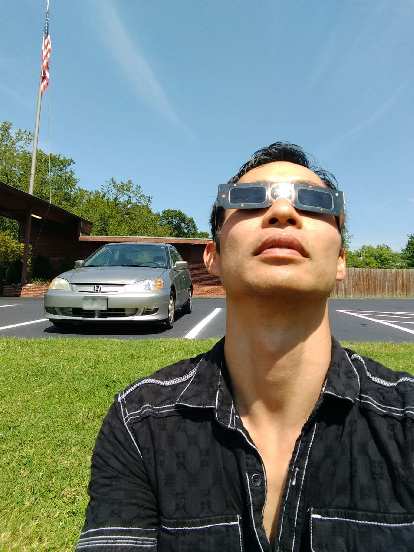 American flag, flagpole, silver Honda Civic, Felix Wong, American Paper Optics eclipse glasses