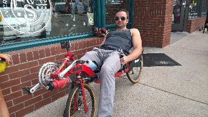 Chris attempting to take the Reynolds Wishbone "Batcycle" for a spin. Chris attempting to take the Reynolds Wishbone "Batcycle" for a spin.