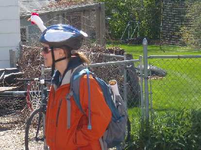 I liked this woman's chicken helmet.