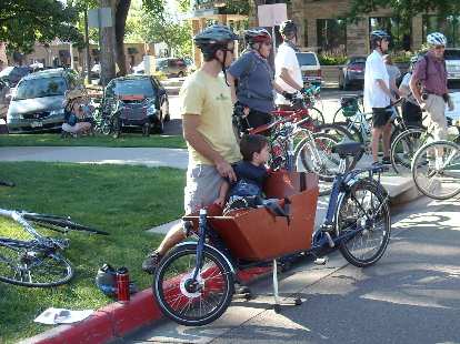 A cargo/child-carrying bicycle available for loan by the Fort Collins Bicycle Library.
