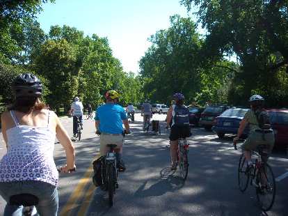 Starting out the Bike Tour of Champion Trees in Fort Collins' City Park.  Leah is on the left and Tori is on the right.