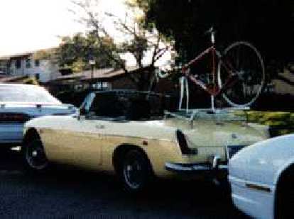 During the winter quarter of my junior year in college as my ME103 final project, I made a bike rack for my little MG so we could all go together to my cycling adventures. (01 Mar 1996) During the winter quarter of my junior year in college as my ME103 final project, I made a bike rack for my little MG so we could all go together to my cycling adventures.
