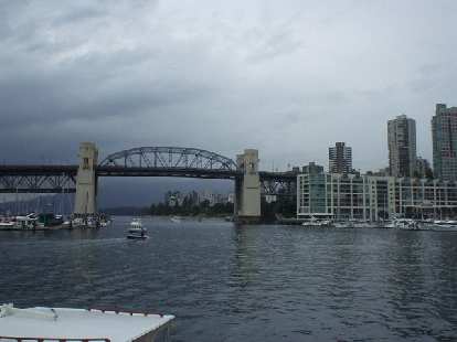 A bridge going to downtown, as viewed from Granville Island.