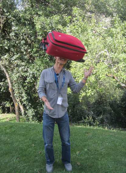 Felix Wong balancing a suitcase on his forehead. (26 Aug 2013) Felix Wong balancing a suitcase on his forehead.