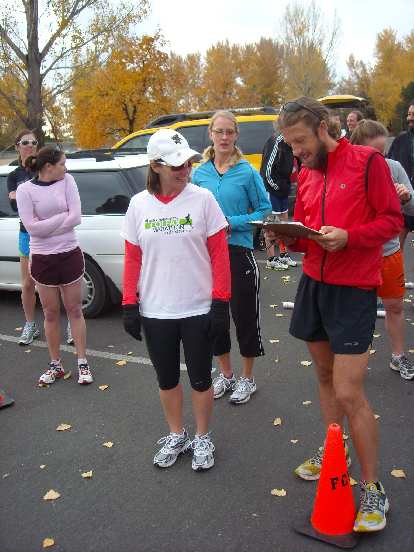 Katie about to run and demonstrate she can run without her dog Griffin.