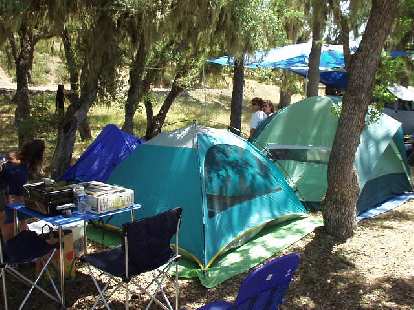 Photo: Phil, Danita, Lawrence, Laura, JC and Phil were already there and their campsites set up.  I stayed in my blue Sierra Designs Clip Flashlight tent in the back.