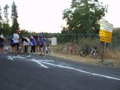 Mile 18: The first rest stop.  As you can see, the course was super-well marked with chalk, at least in the early going!