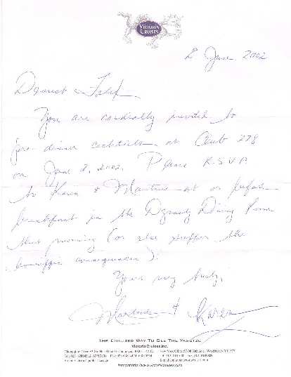 I committed a faux pas by not attending Martrese and Karen's Friday cocktail party, but they graciously sent me an invite for cocktails at Club 228 the next day "or else suffer the horrific consequences" (31 May 2002) I committed a faux pas by not attending Martrese and Karen's Friday cocktail party, but they graciously sent me an invite for cocktails at Club 228 the next day "or else suffer the horrific consequences"
