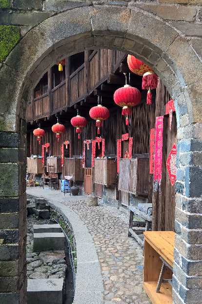 Lanterns inside a Hakka Tulou in Yongding.